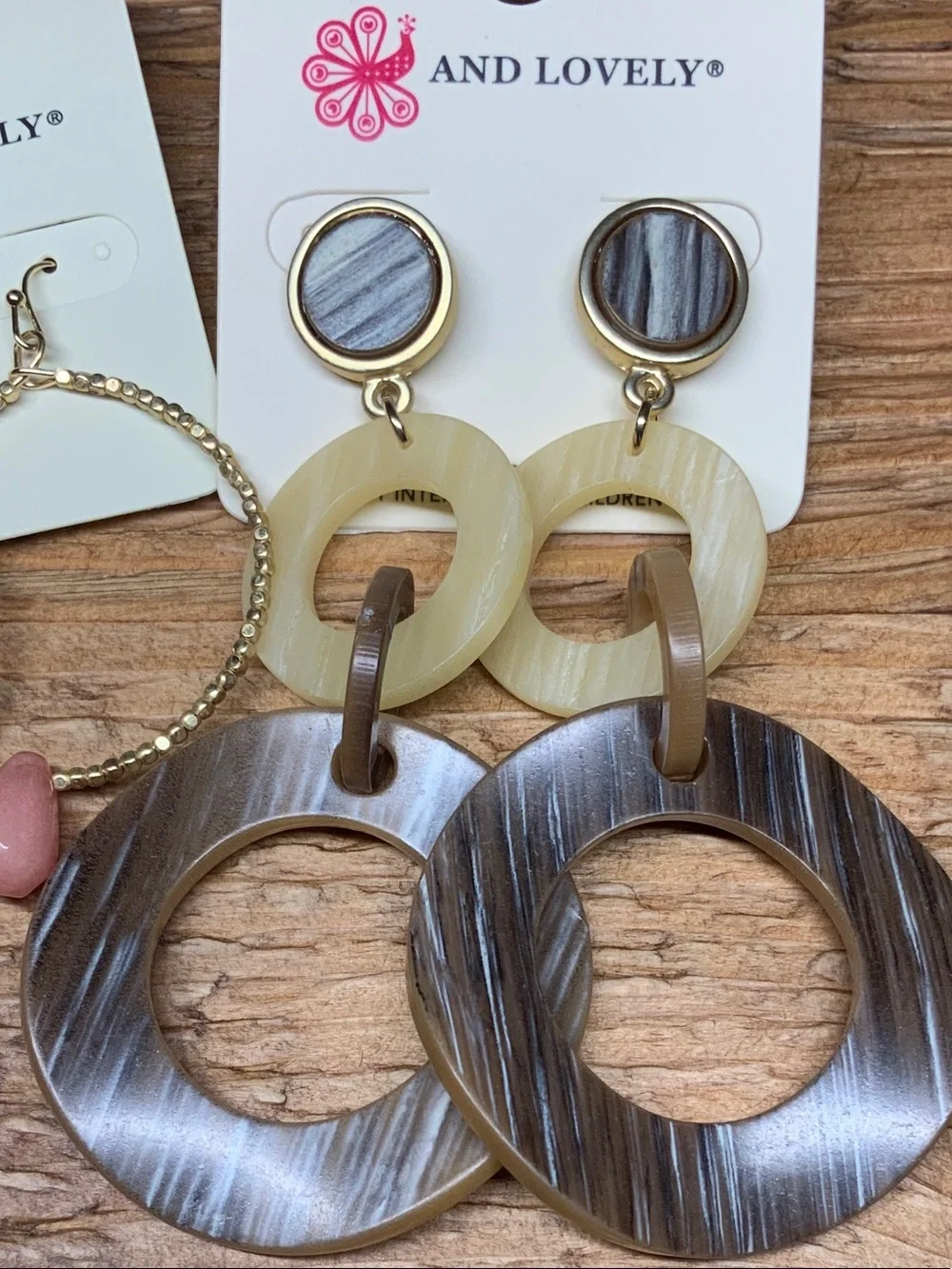 And Lovely Gold Hoop Earrings with Pink Stone & Neutral Resin Dangle Earring Set